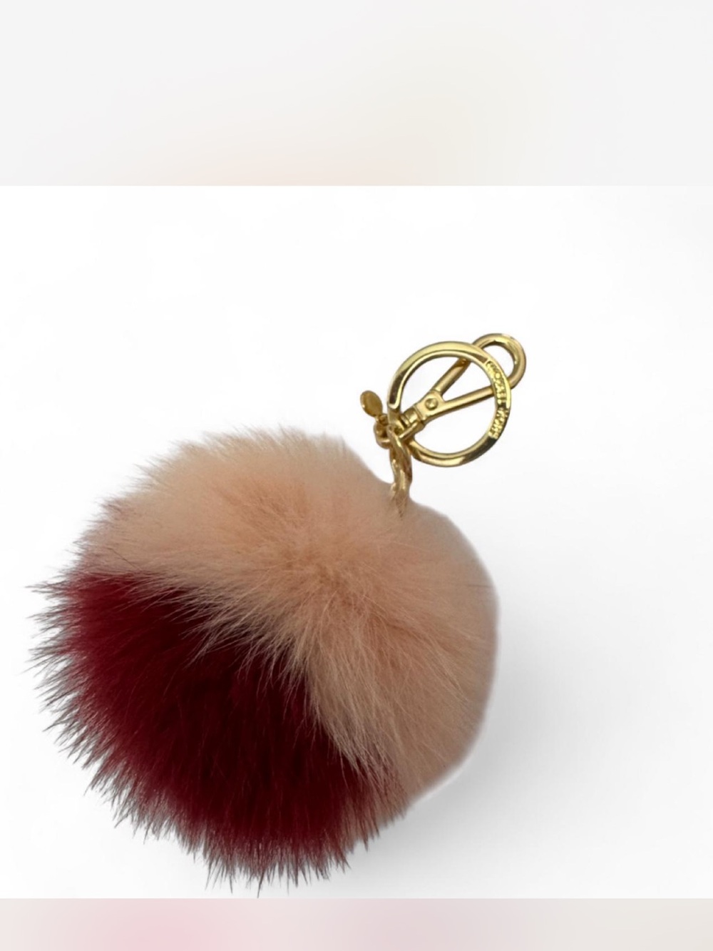 Gold-Clip Two-Tone Beige & Burgundy Pom Pom Keychain